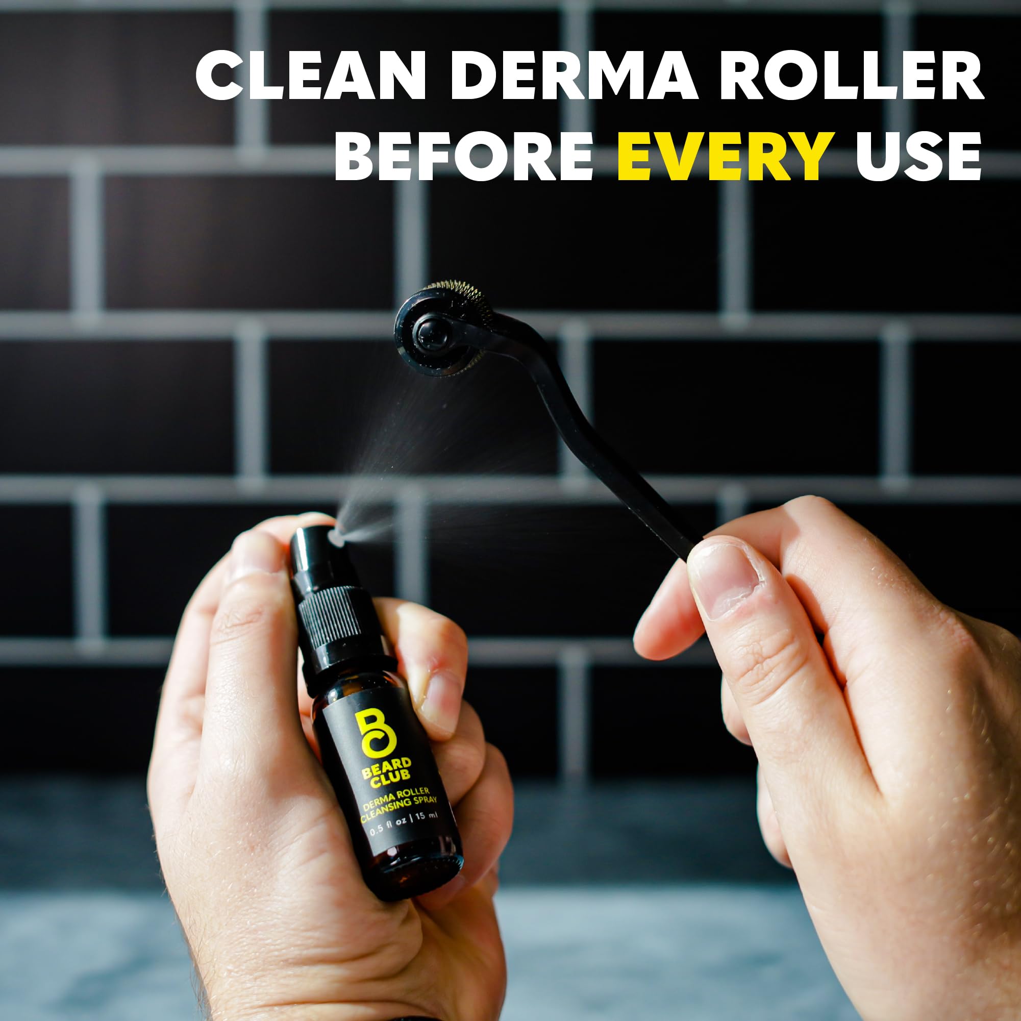 The Beard Club cleansing spray for derma rollers keeps heads clean between sessions.