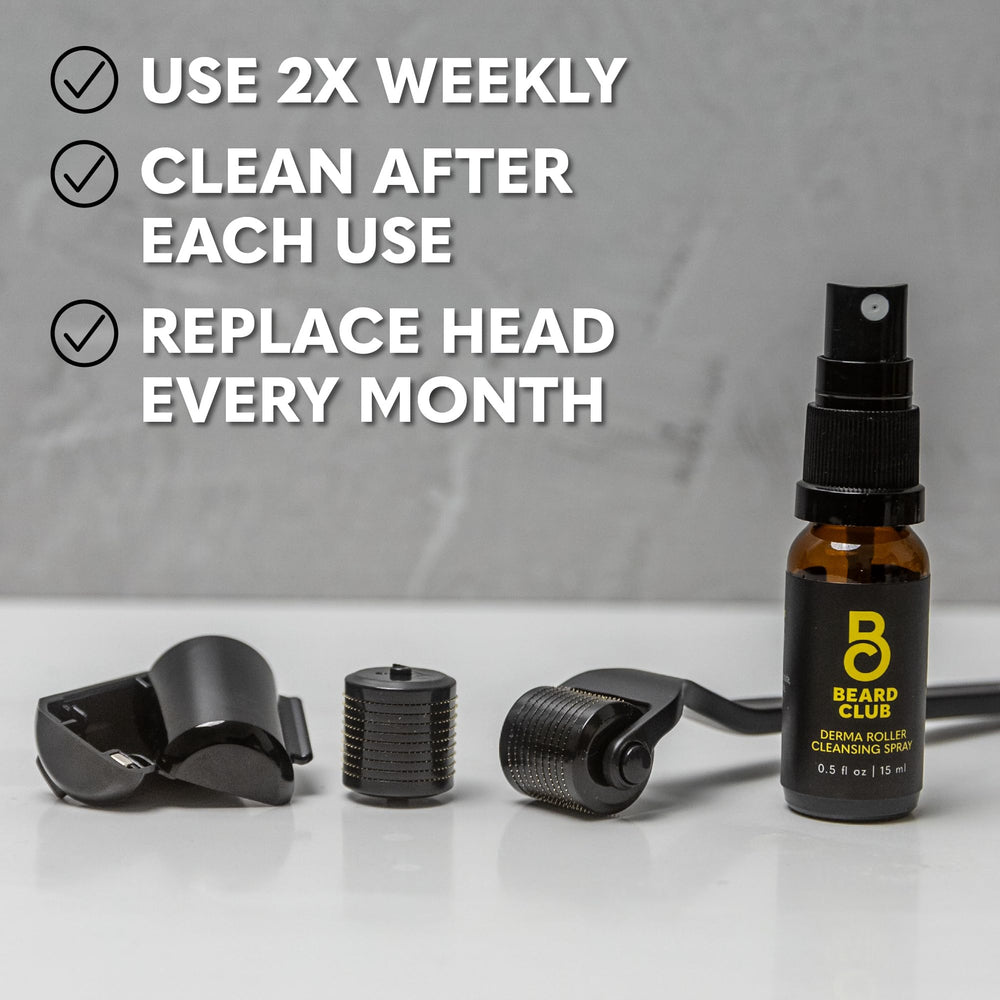 The Beard Club Premium cleansing spray bottle promotes hygienic derma-roller care