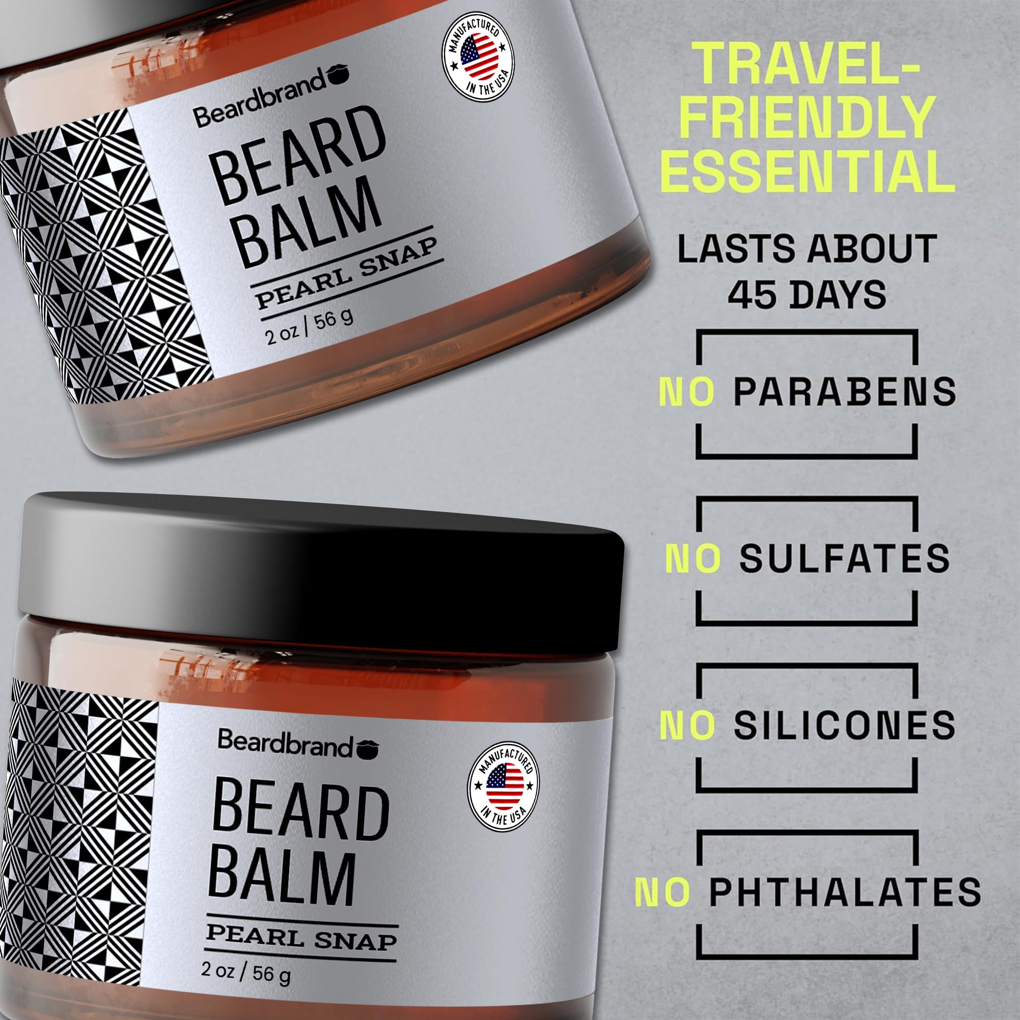 Beardbrand beard balm travel pack scent-pearl-snap evokes teakwood and citrus.
