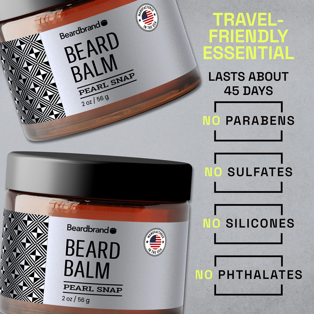 Beardbrand beard balm travel pack scent-pearl-snap evokes teakwood and citrus.