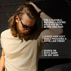 Close-up of satin-finish texture showing flexible hold for beard or hair.