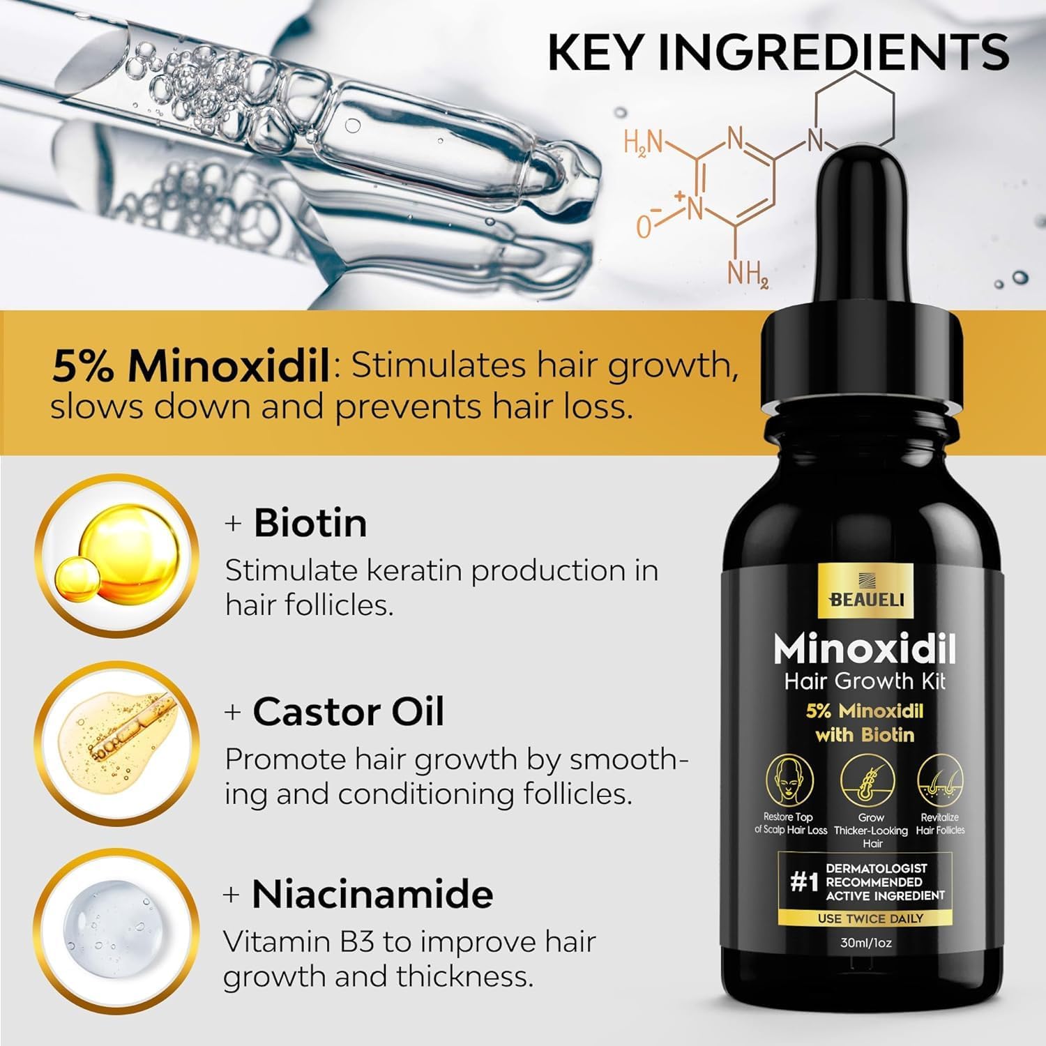 Beaueli 5% Minoxidil formula for hair regrowth