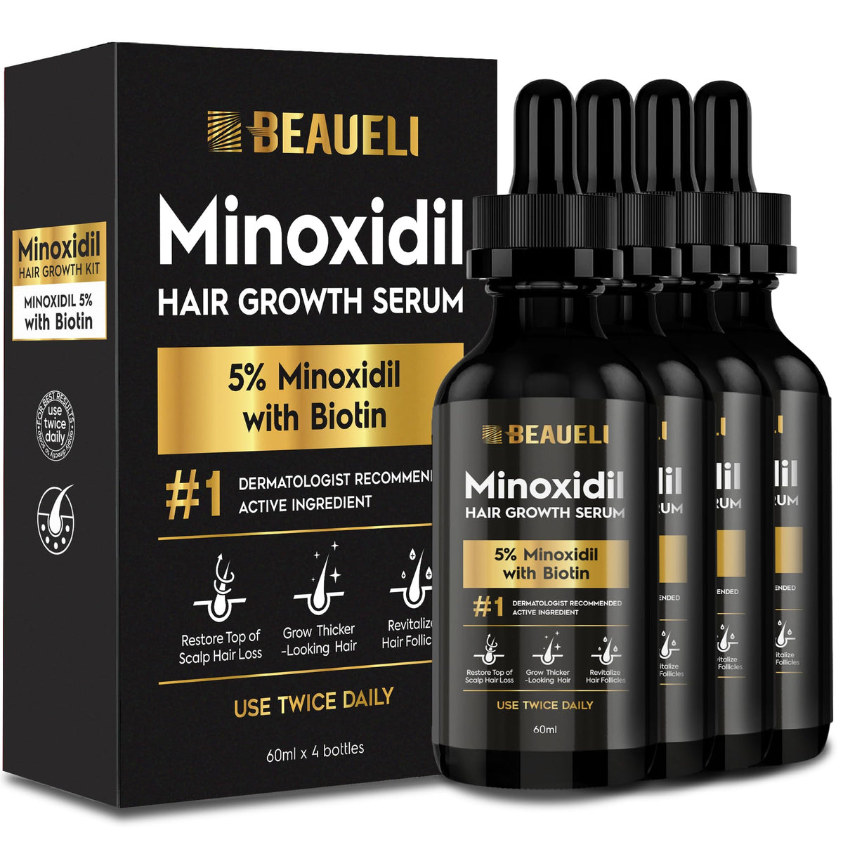 Beaueli minoxidil bottle pour showing precise dosage for thinning areas.