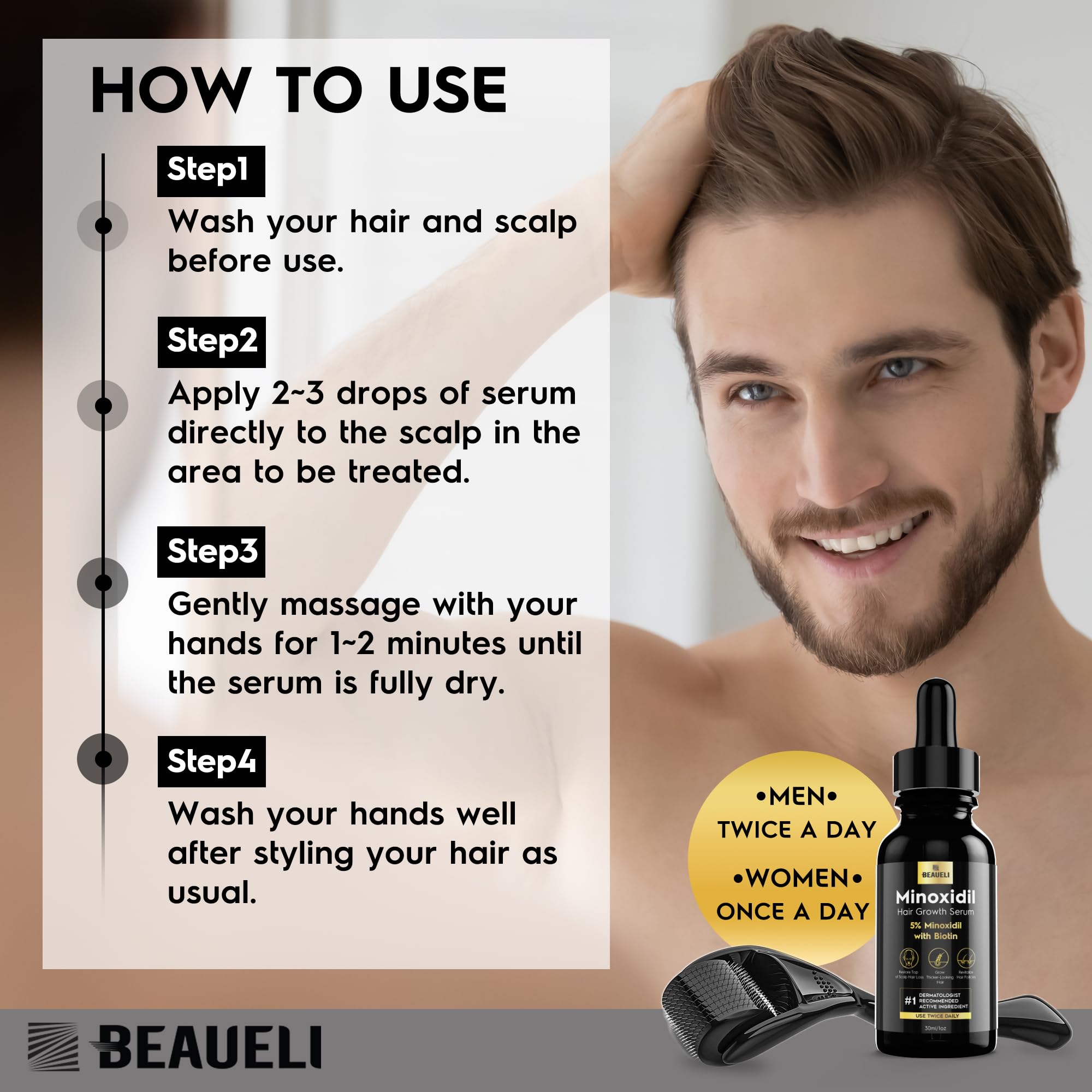Beaueli biotin-infused serum nourishes thinning hair strands.
