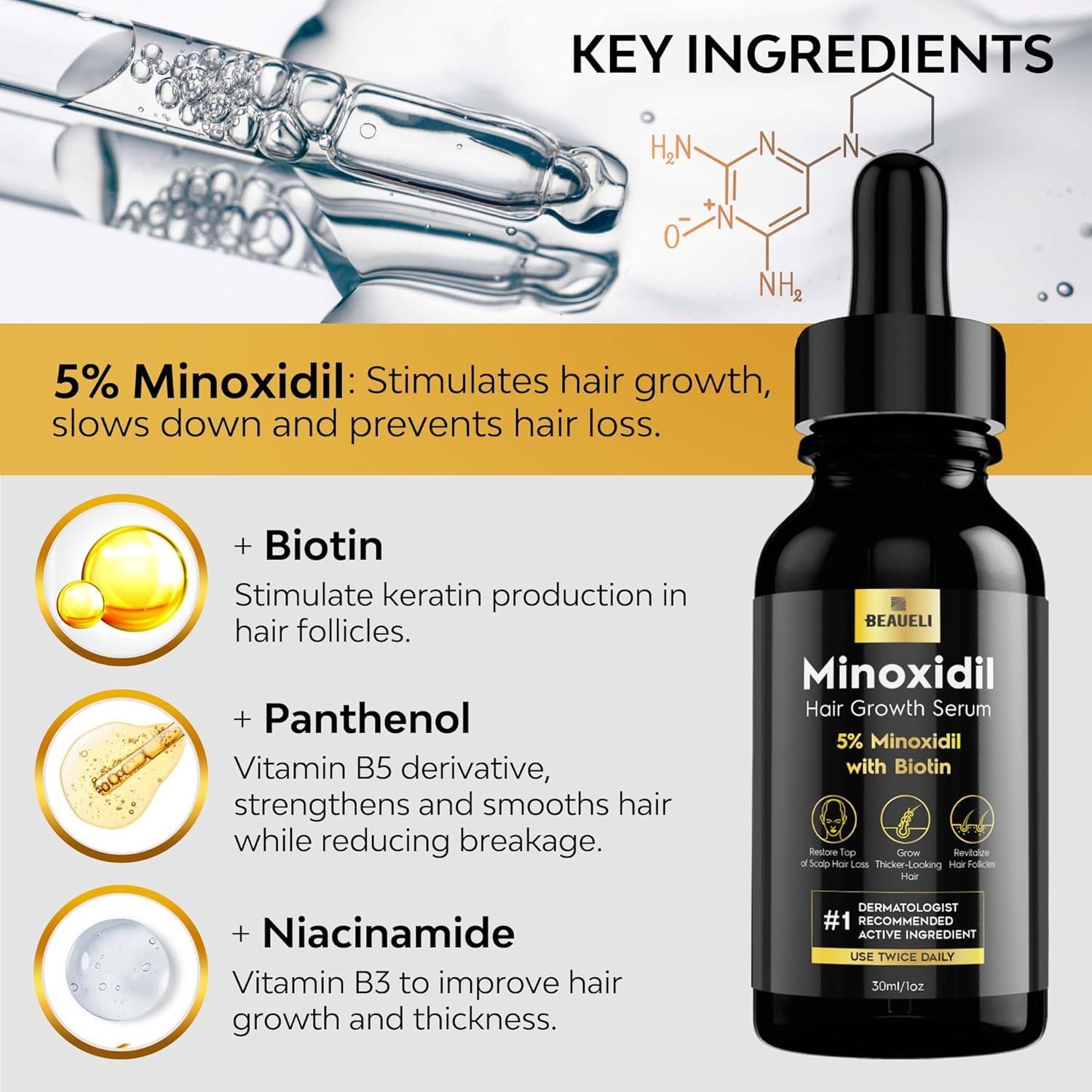 Beaueli biotin serum nourishes thinning strands and reinforces hair structure.