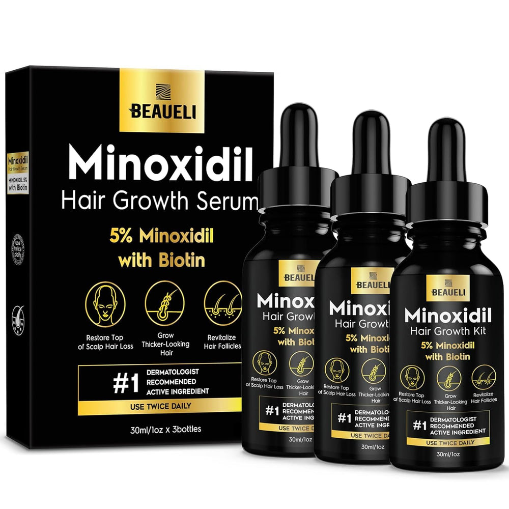 Beaueli five-percent minoxidil bottle for targeted scalp use.