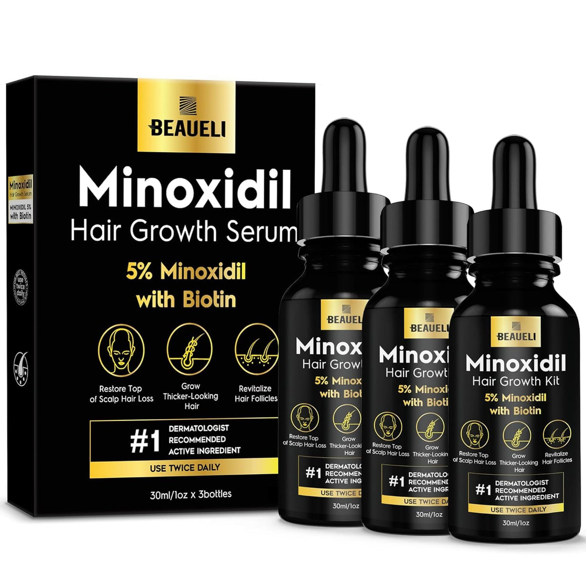 Beaueli five-percent minoxidil bottle for targeted scalp use.