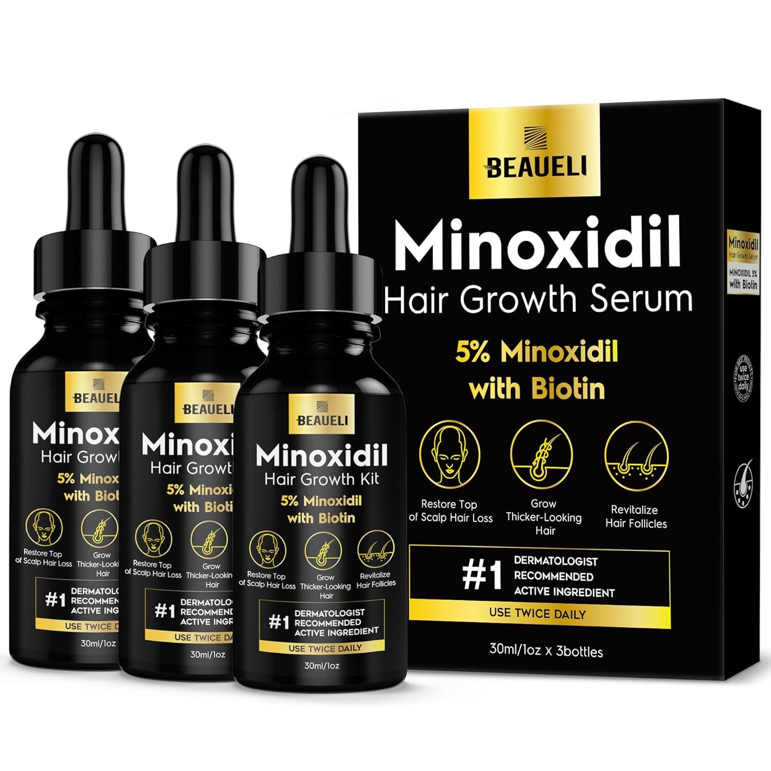 Beaueli minoxidil 5% bottle close-up for hair growth support.