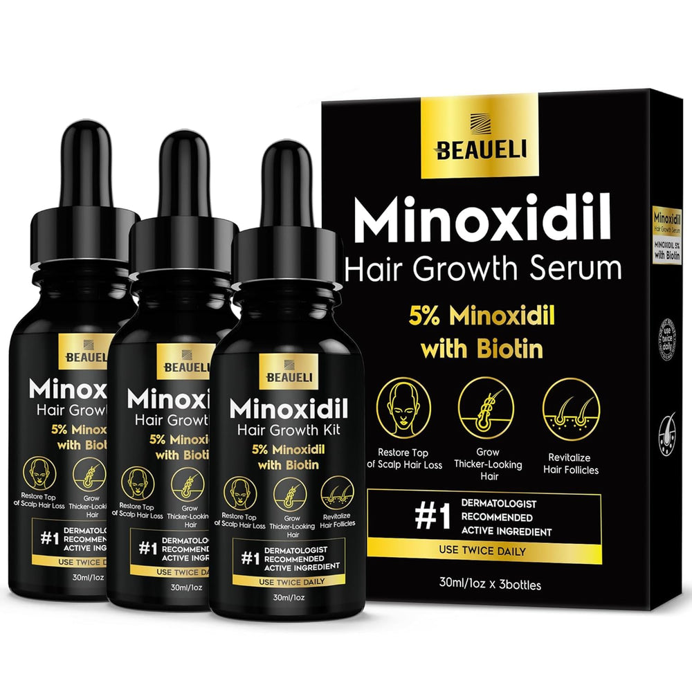 Beaueli minoxidil 5% bottle close-up for hair growth support.