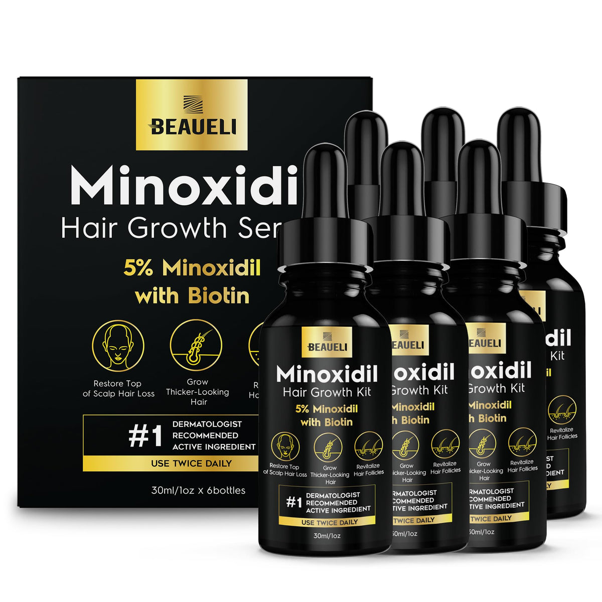 Beaueli minoxidil 5% bottle close-up for easy daily use and scalp support.