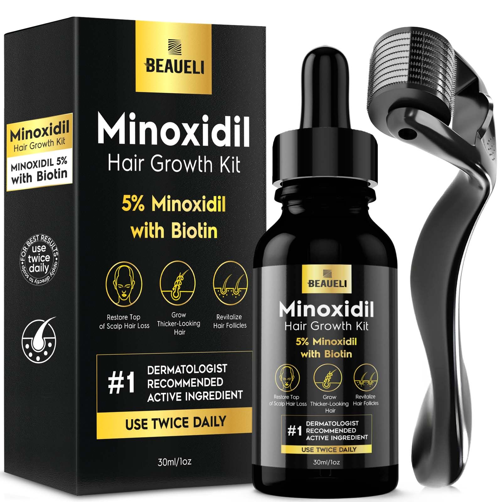 Beaueli Minoxidil beard growth kit bottle close-up for enhanced beard fullness