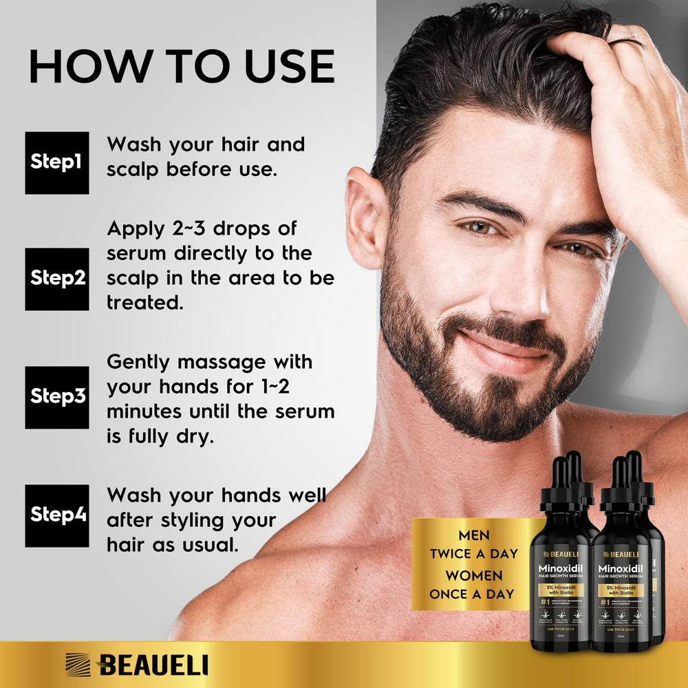 Beaueli minoxidil biotin-infused serum nourishes thinning strands.