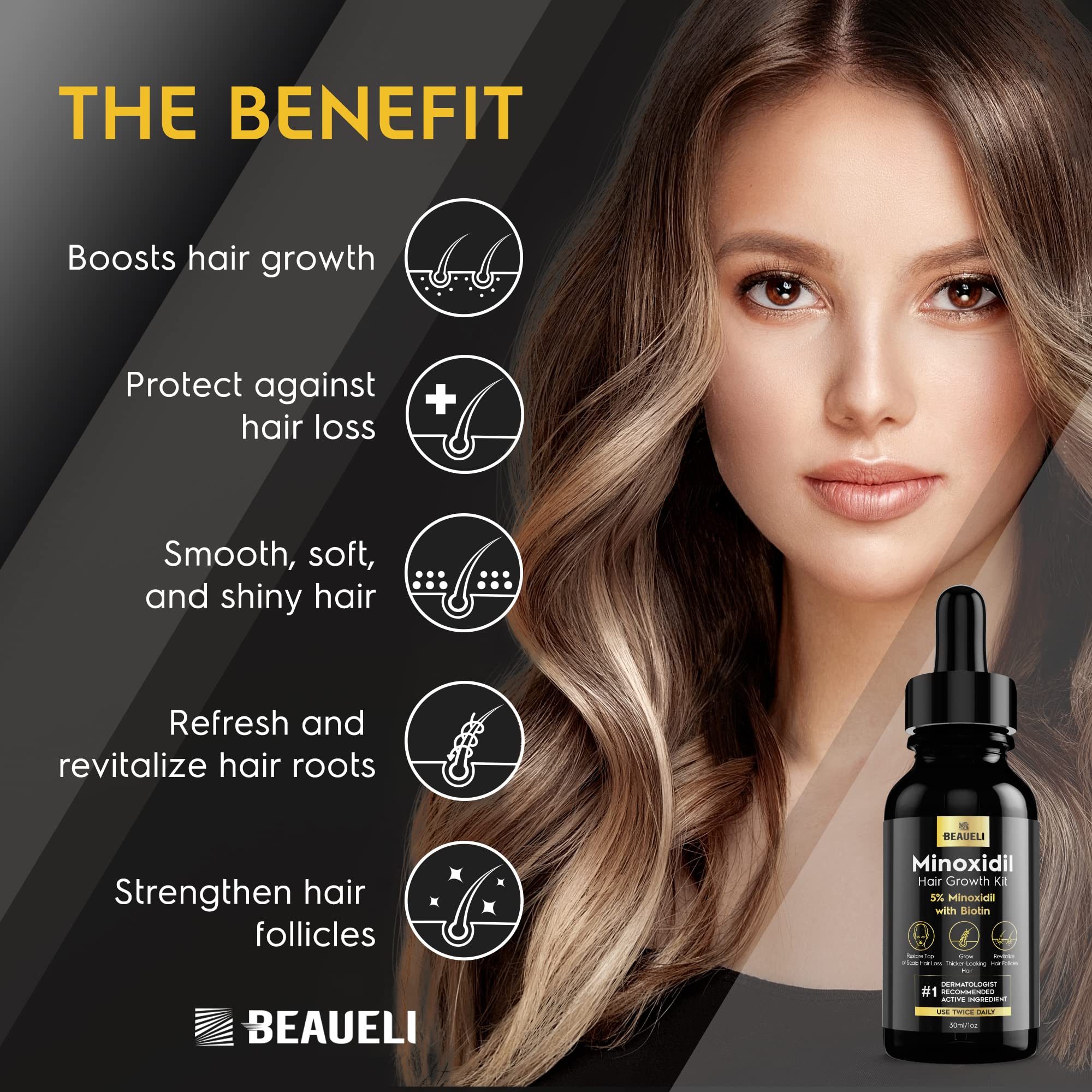 Beaueli minoxidil serum on scalp, addressing thinning areas.
