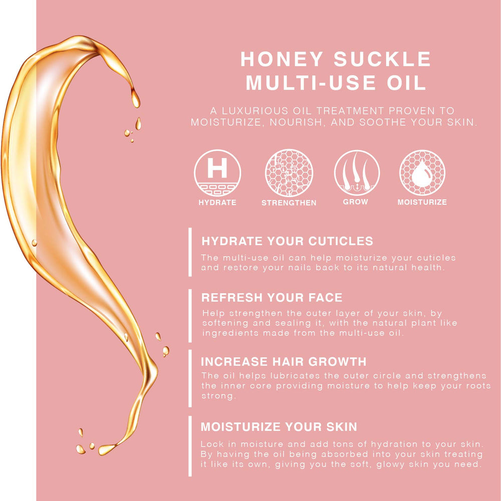 BEAUTE DE PROVENCE honeysuckle oil bottle shows apricot and coconut ingredients for nourishment.