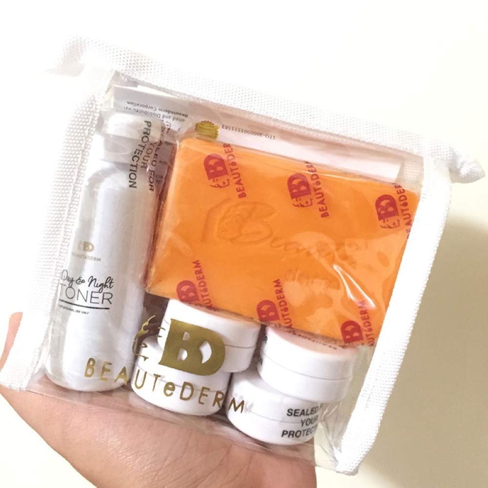 Beautederm travel set compact bottles ideal for quick morning routines away from home.