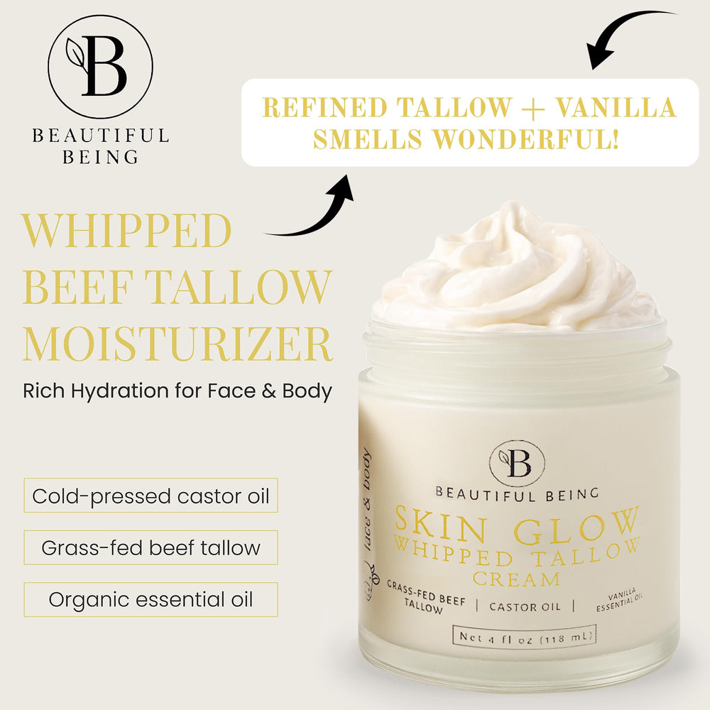 Beautiful Being Skin Glow grass-fed-tallow-closeup: rich moisture for mature skin.