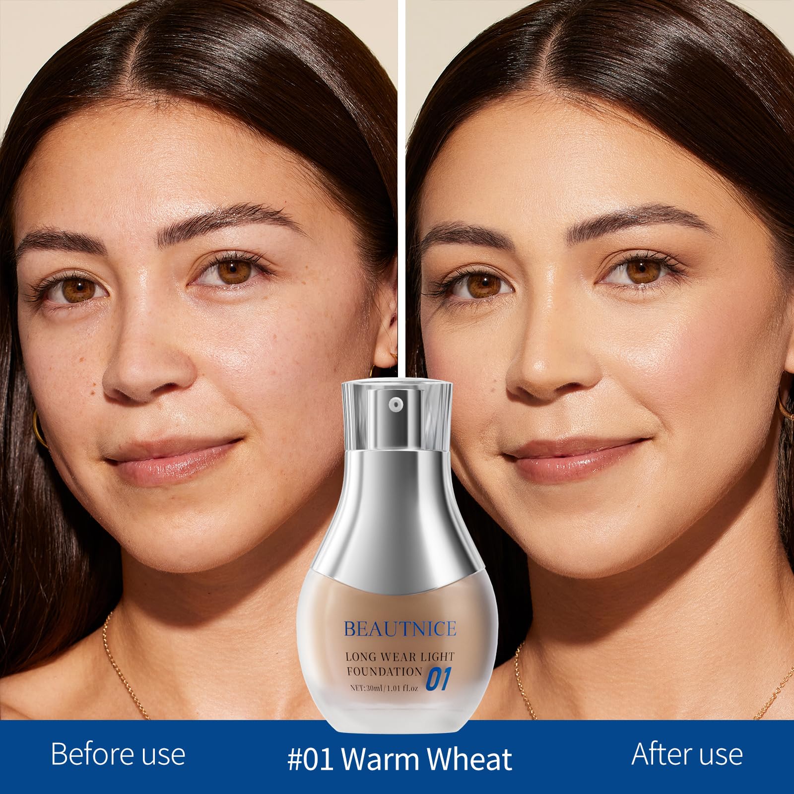 BEAUTNICE Long Wear Foundation packaging front view showcases compact bottle.