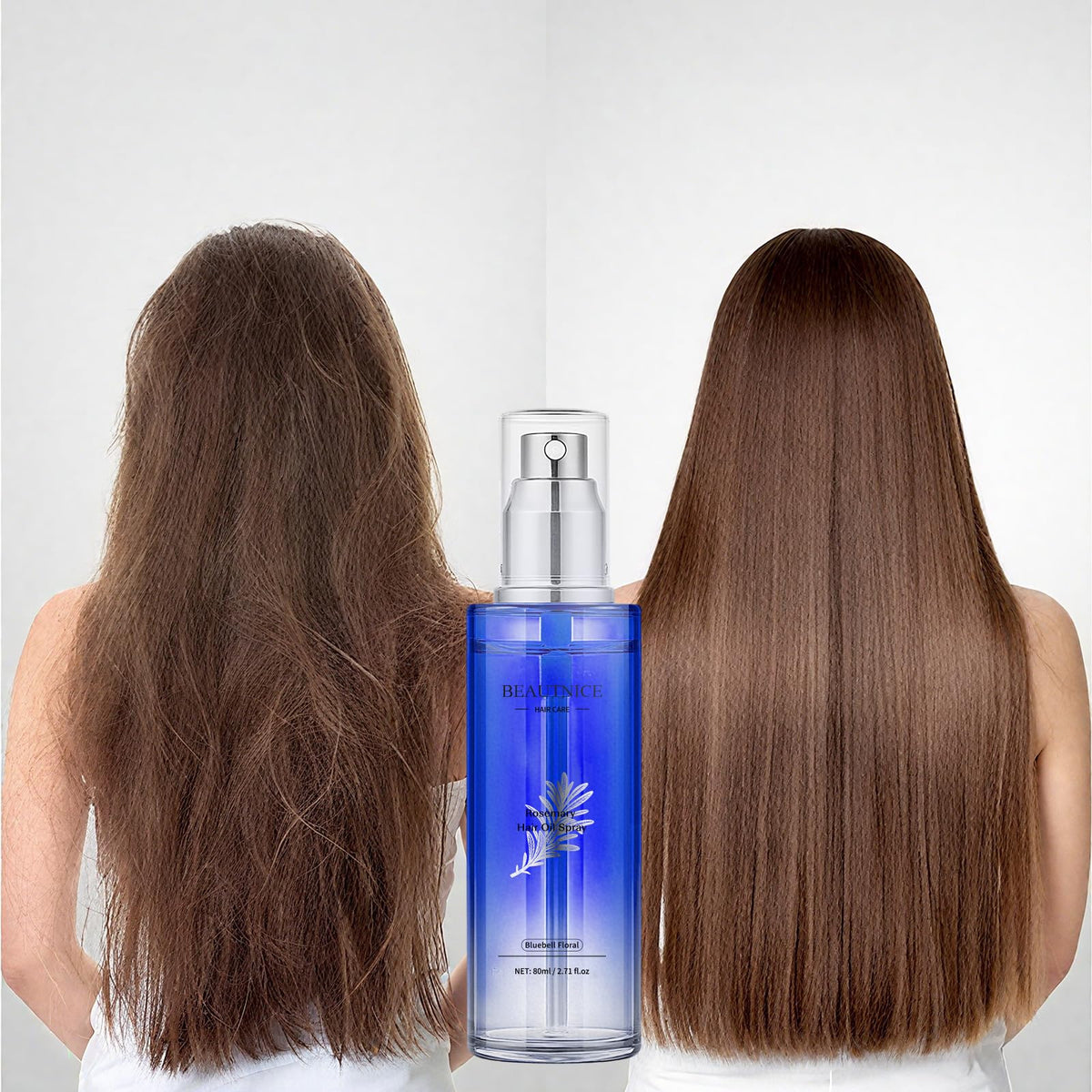 BEAUTNICE Rosemary Hair Oil Spray bottle showing frizz control and shine.