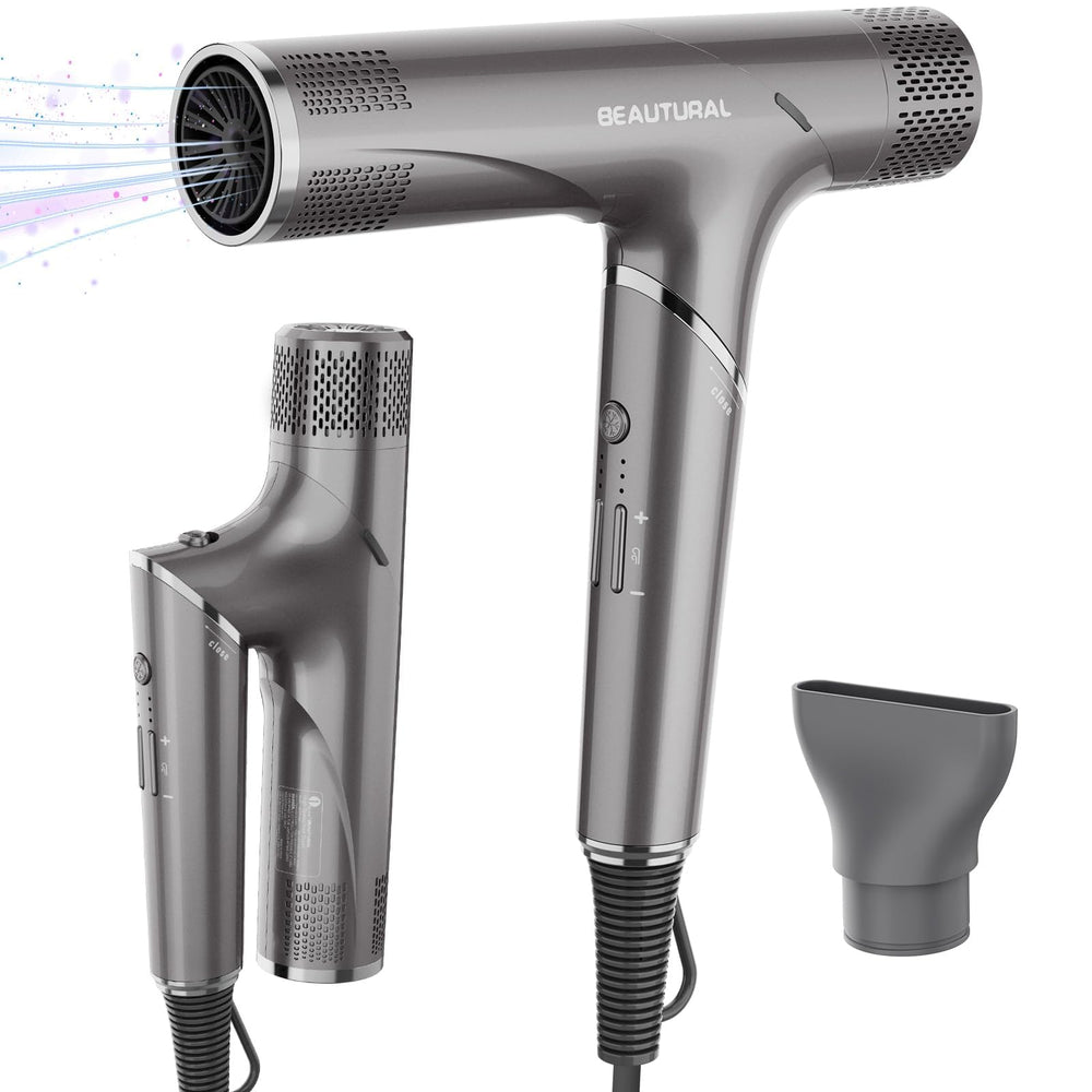 BEAUTURAL hair dryer foldable design for easy packing and on-the-go styling.