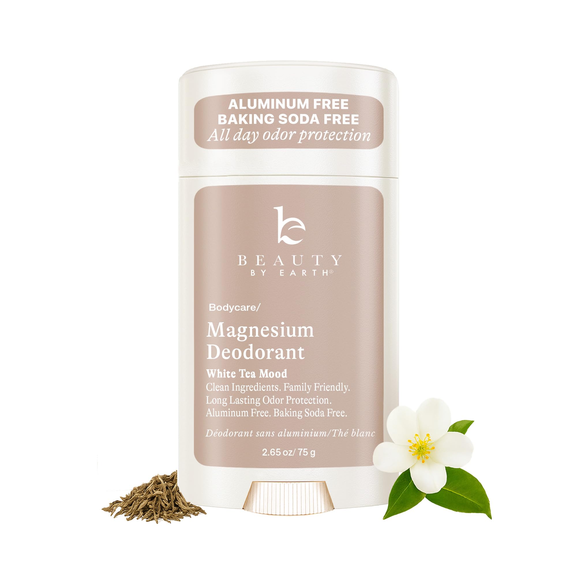 Beauty by Earth aluminum-free deodorant bottle front with long-lasting freshness in mind.