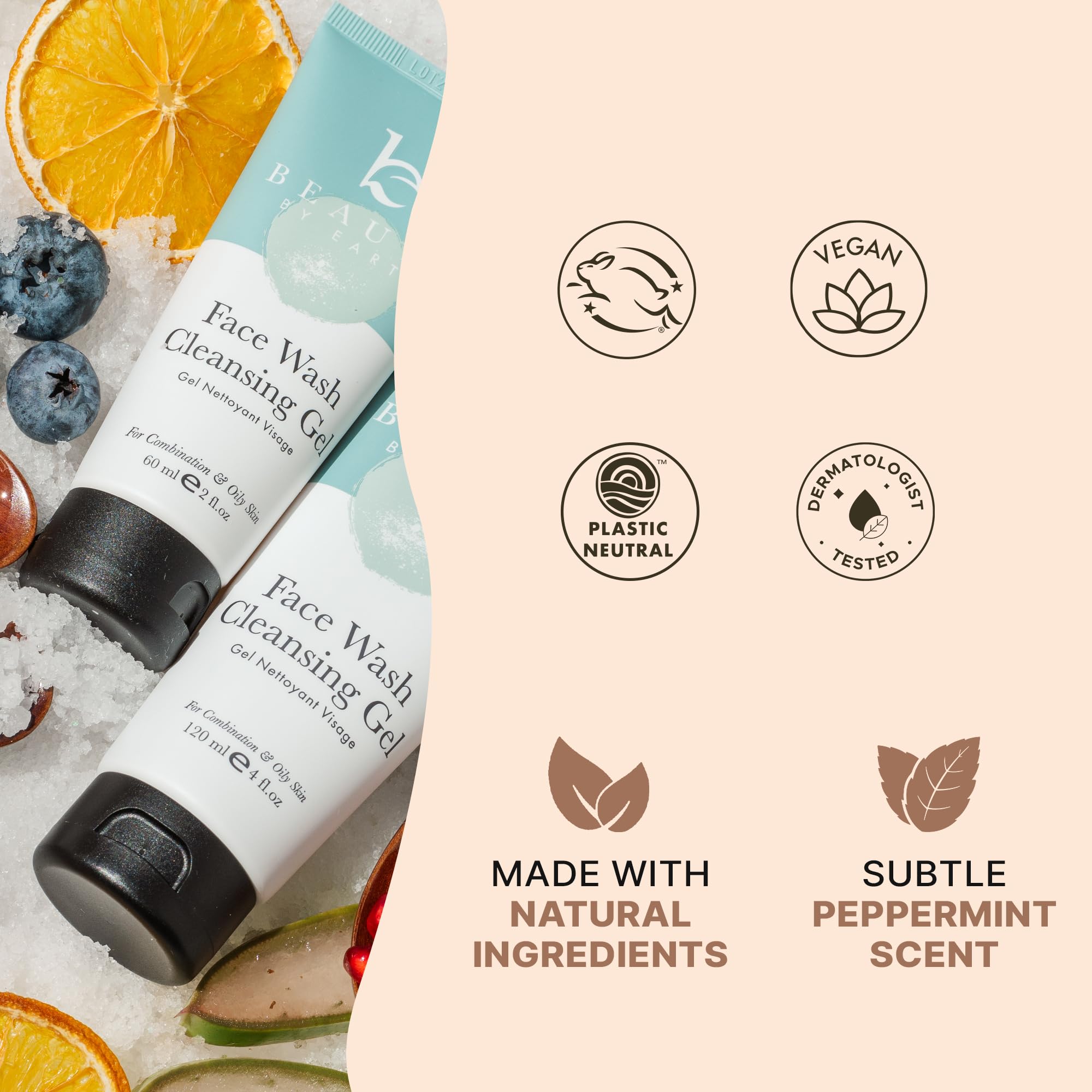 Label on Beauty by Earth clean face wash highlighting sensitive skin suitability