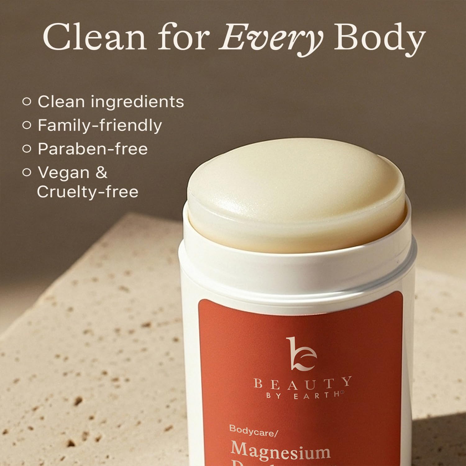 Beauty by Earth deodorant ingredients with organic botanicals and minerals.