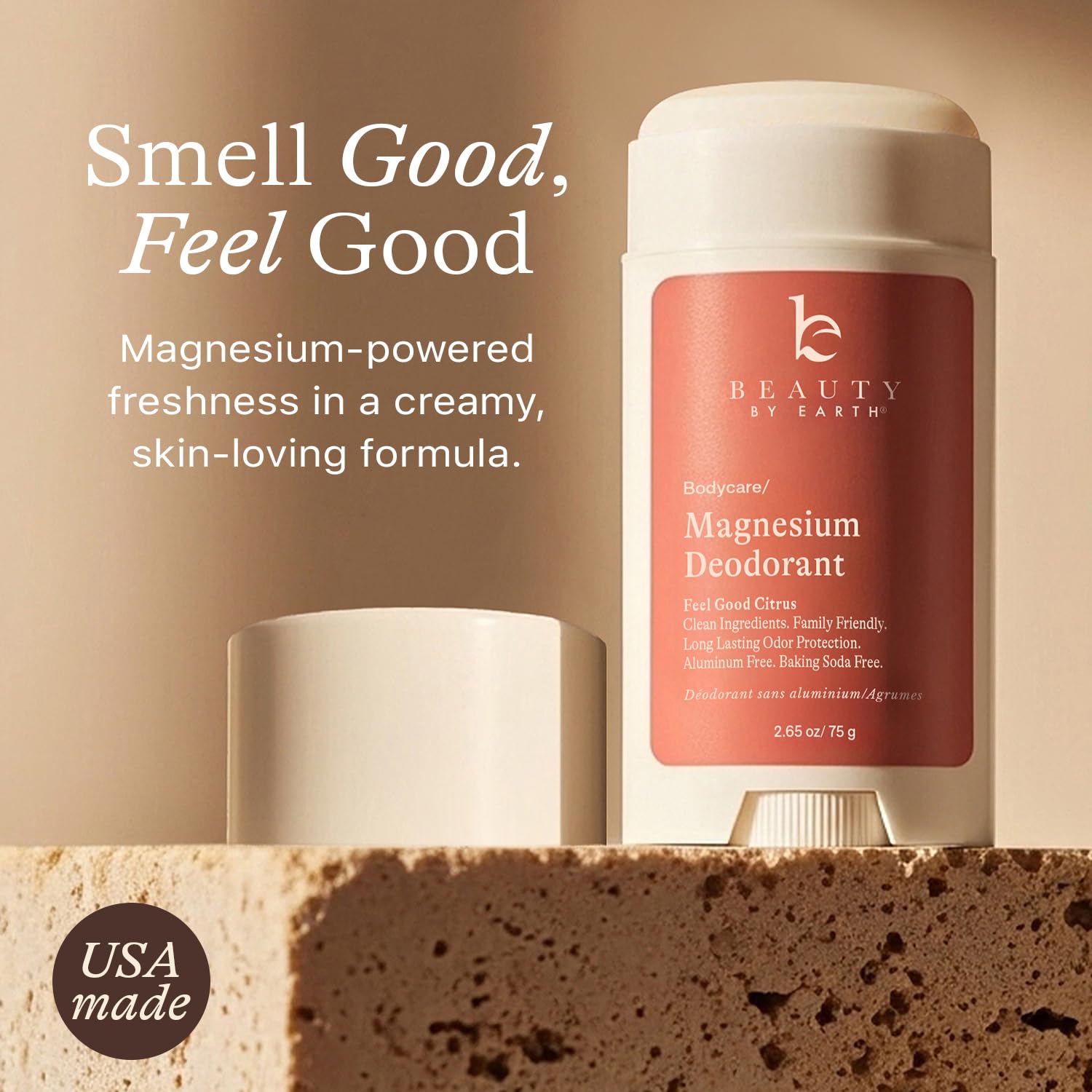 Beauty by Earth deodorant packaging highlighting USA-made product.