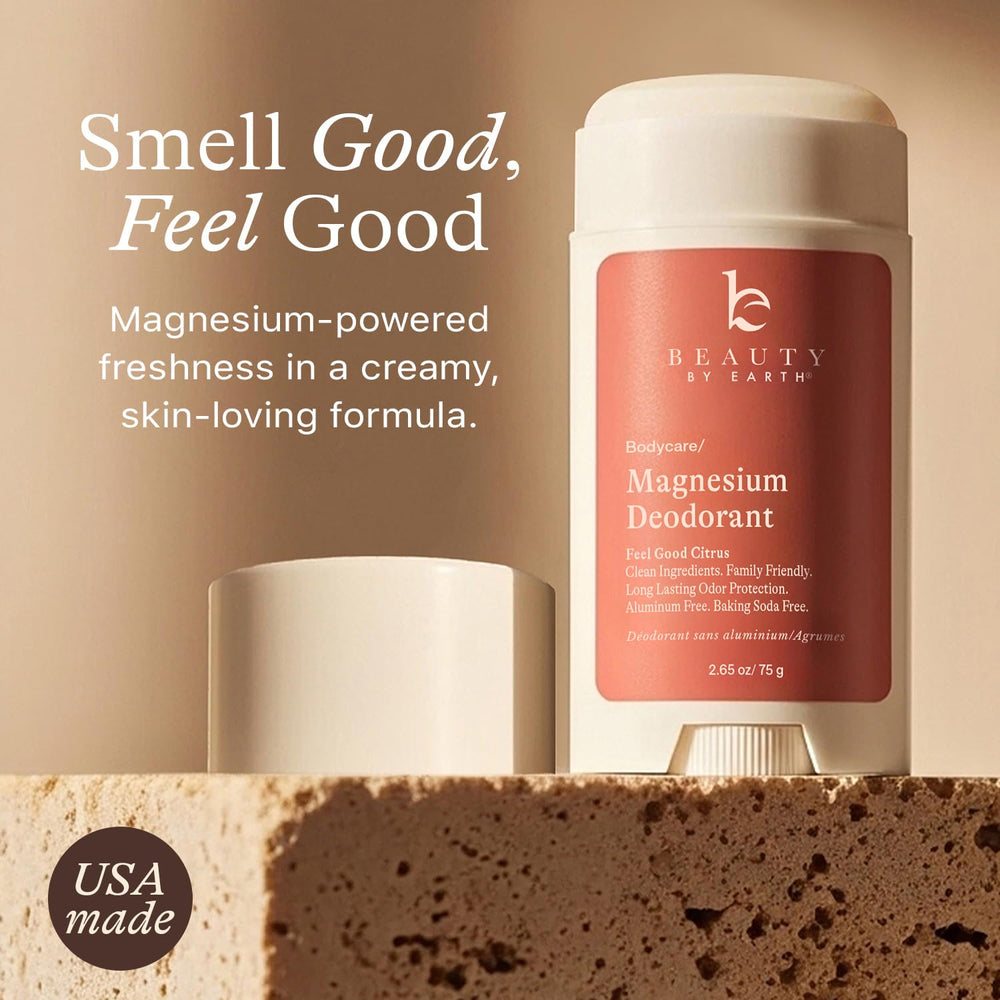 Beauty by Earth deodorant packaging highlighting USA-made product.