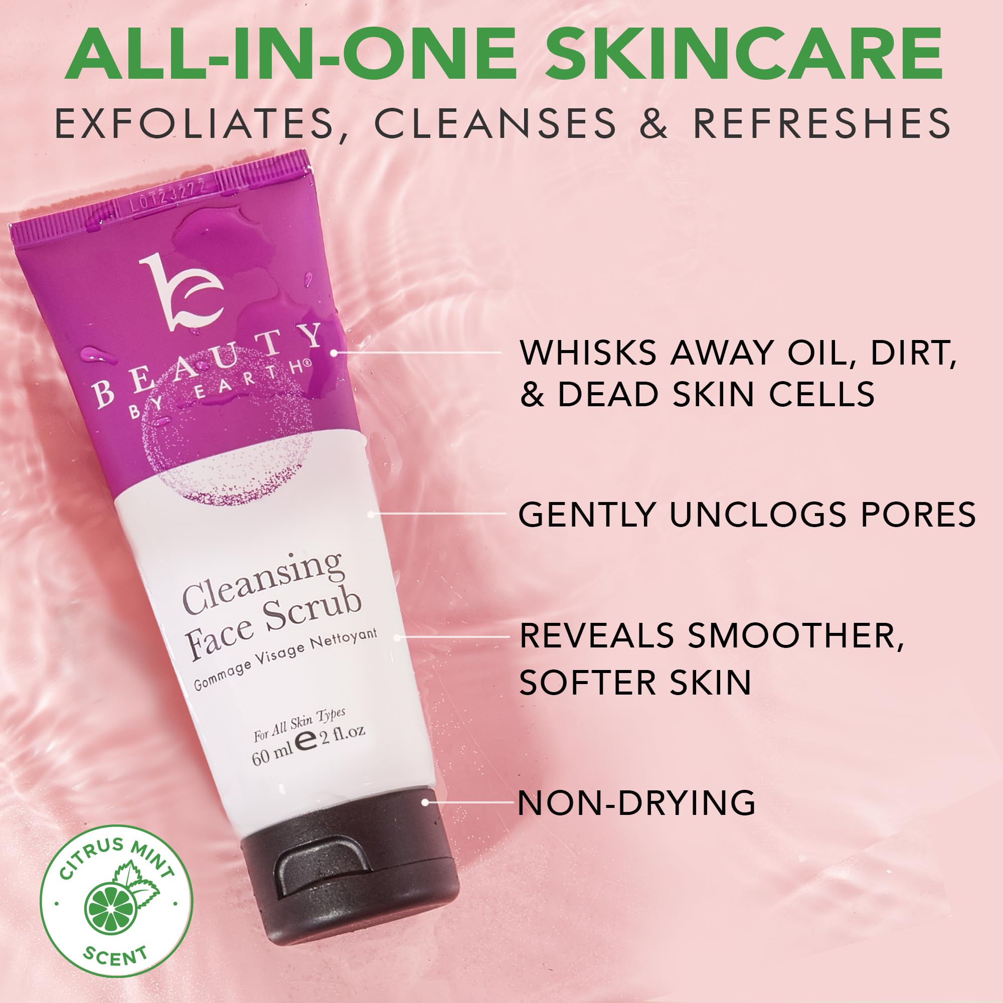 Front packaging of Beauty by Earth scrub emphasizes USA-made quality and clean beauty.