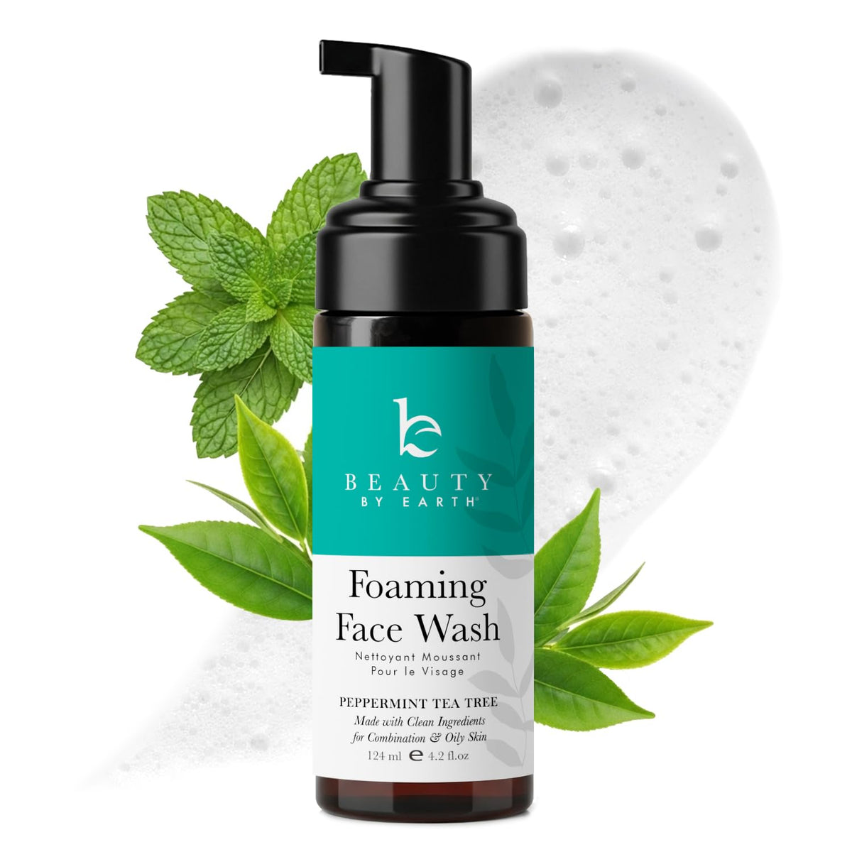 Beauty by Earth foaming face wash bottle on sink for gentle daily cleansing.