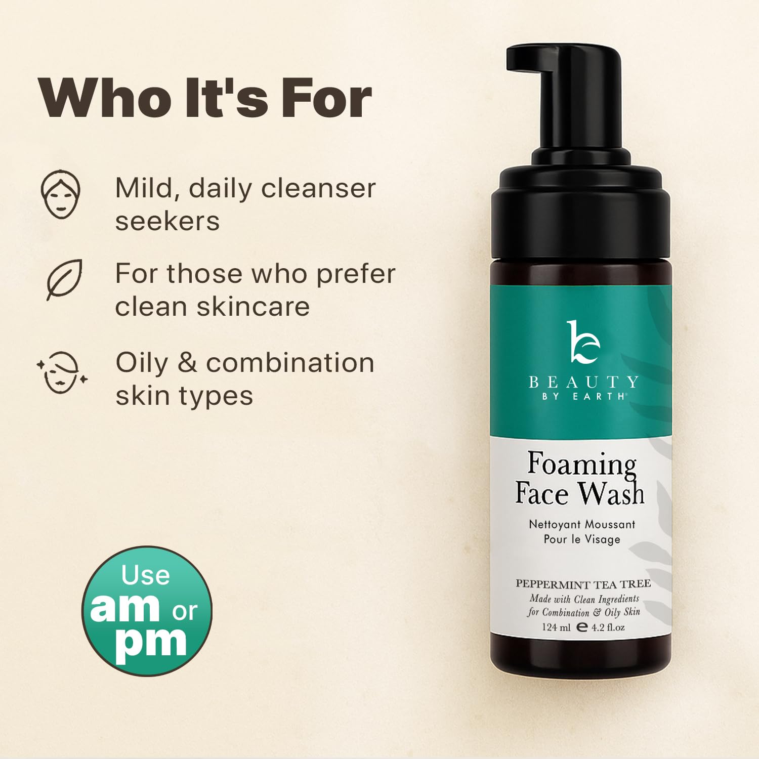 Beauty by Earth foaming face wash made in USA label.