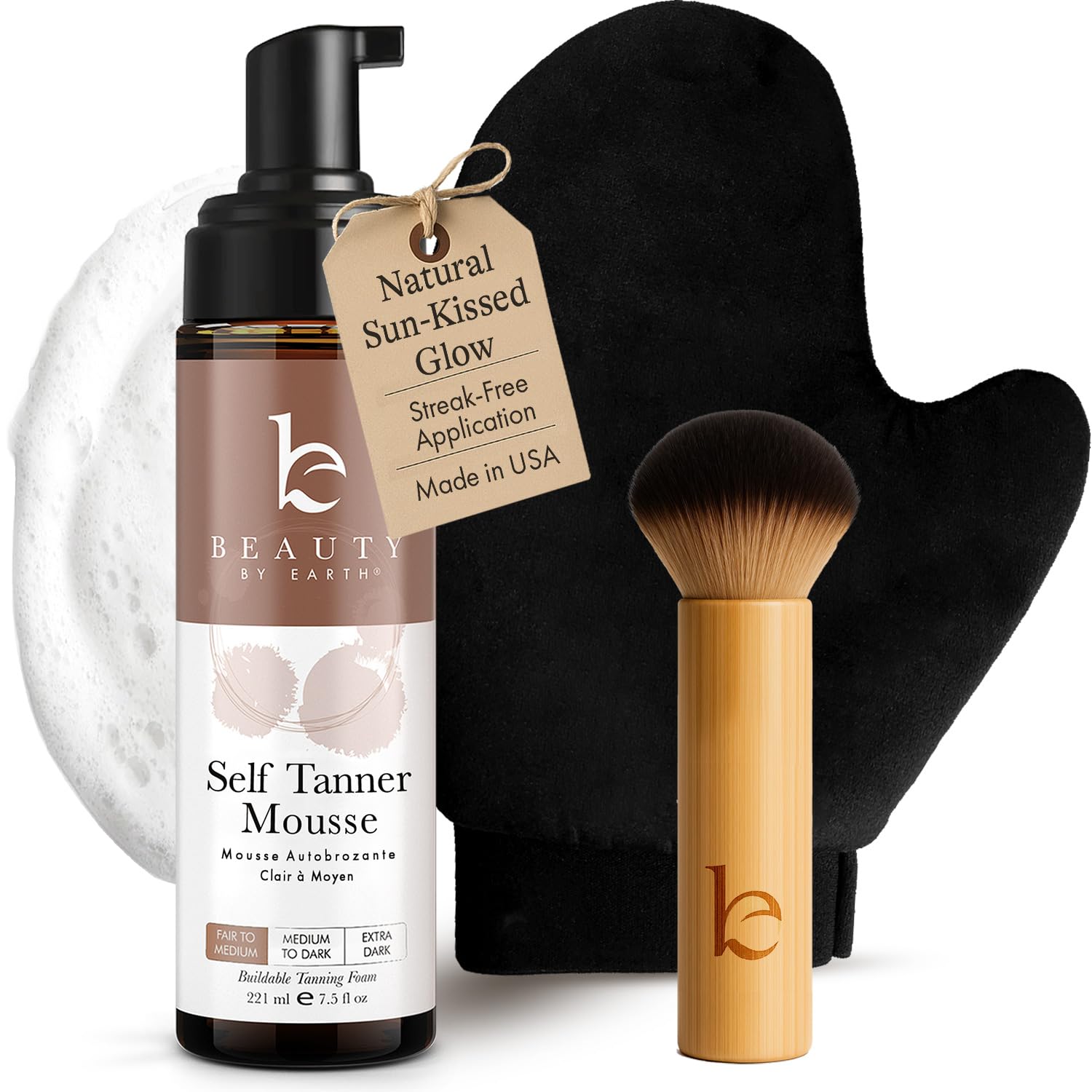 Beauty by Earth self-tanner mousse kit front label highlights USA-made quality