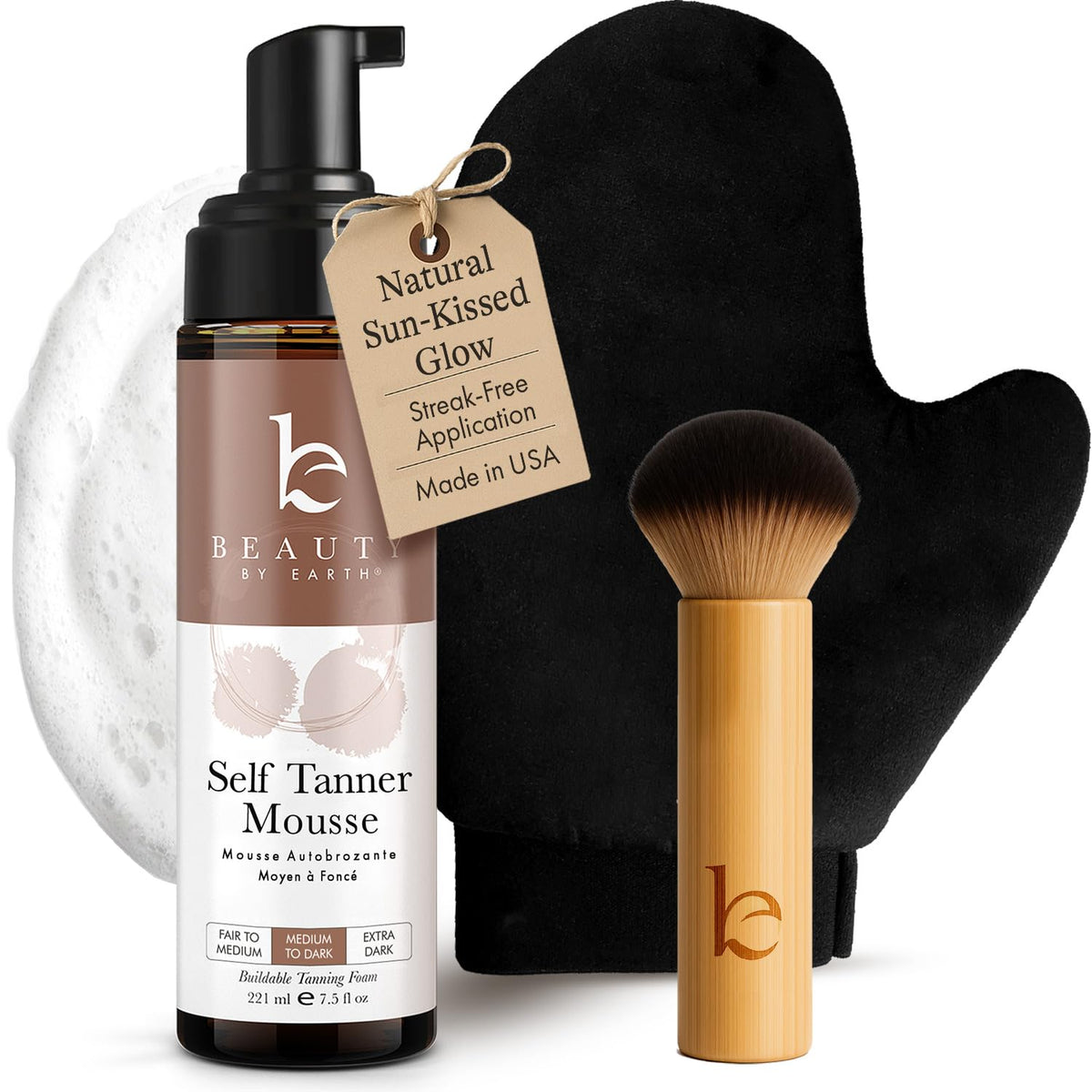 Beauty by Earth self-tanner mousse kit packaging showing a clean, USA-made formula for natural glow.