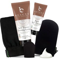 Beauty by Earth tanning kit front view showing complete self tanner set