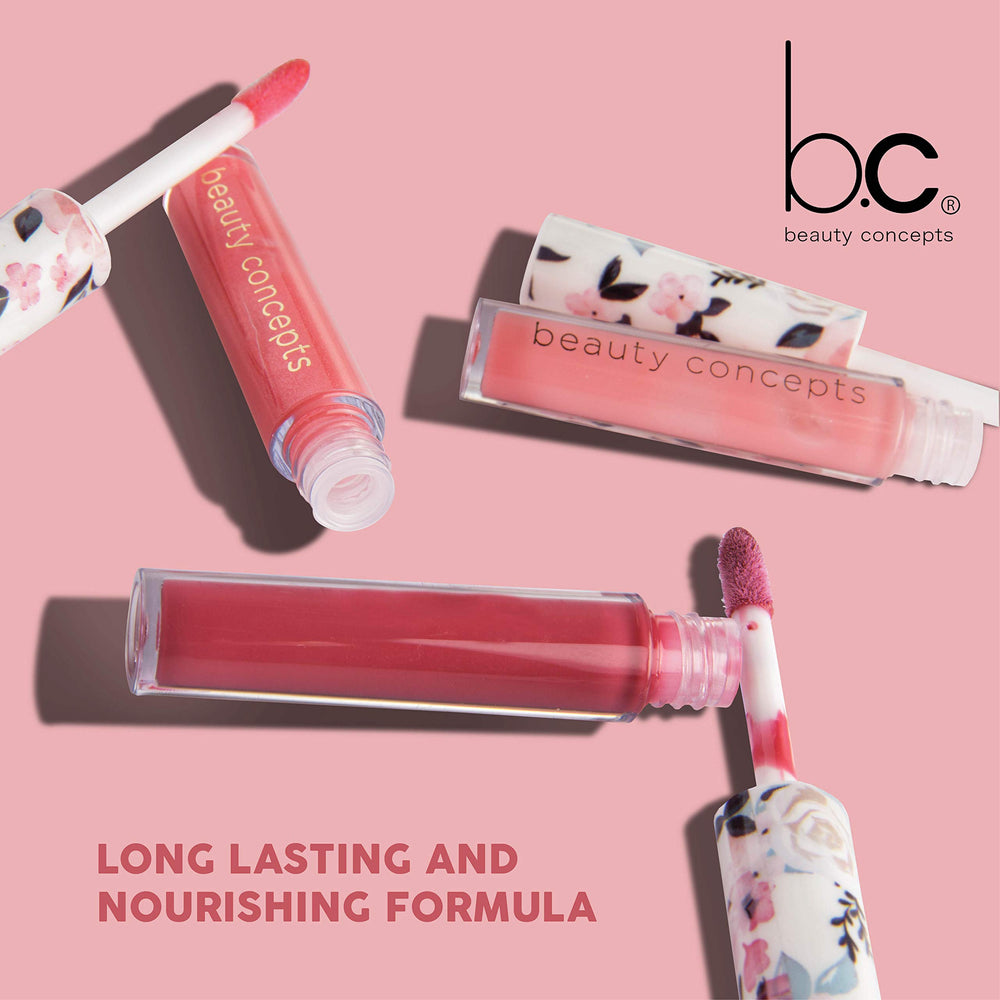Beauty Concepts Lip Gloss Collection glossy finish close-up demonstrates smooth, non-cakey application.