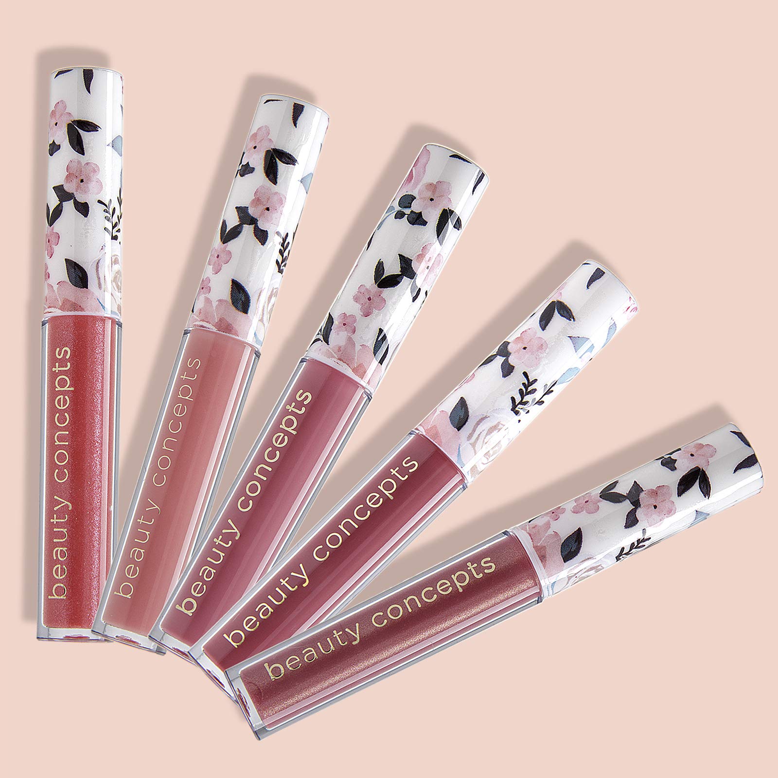 Beauty Concepts Lip Gloss Collection pink gloss bottle highlights long-wear shine for daily use.