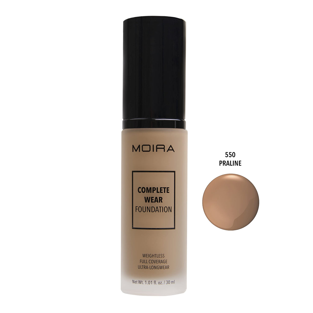 Beauty Creations Complete Wear Foundation 550 Praline bottle shows portable coverage for on-the-go use