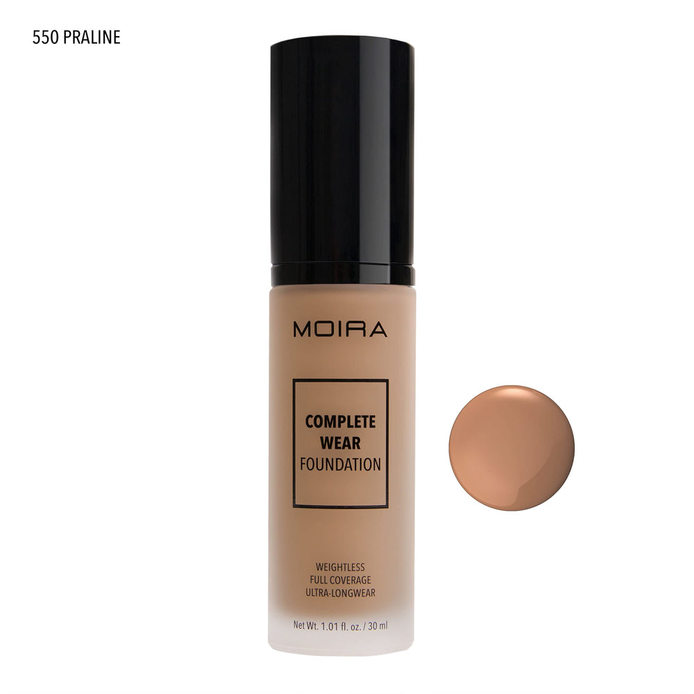 Beauty Creations Complete Wear Foundation 550 Praline swatch demonstrates warm undertone for natural blending
