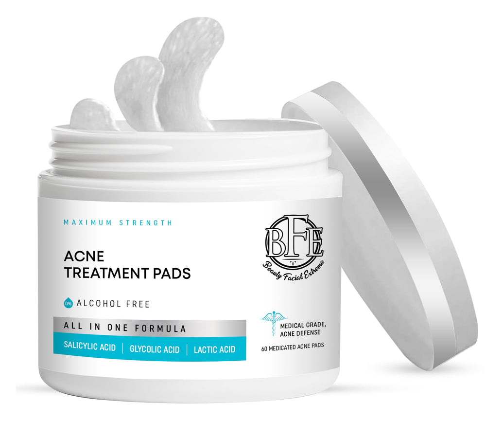 Beauty Facial Extreme Acne Pads bottle shown for exfoliation and smoother pores.