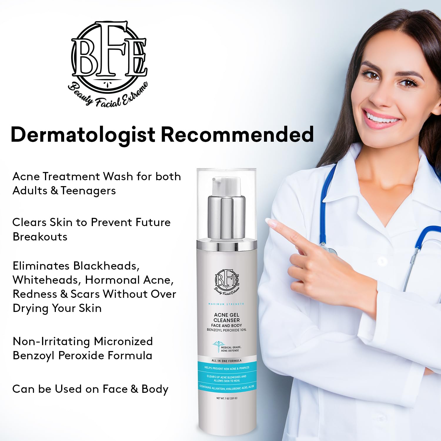 Beauty Facial Extreme bottle with 10% benzoyl peroxide for strong acne care.