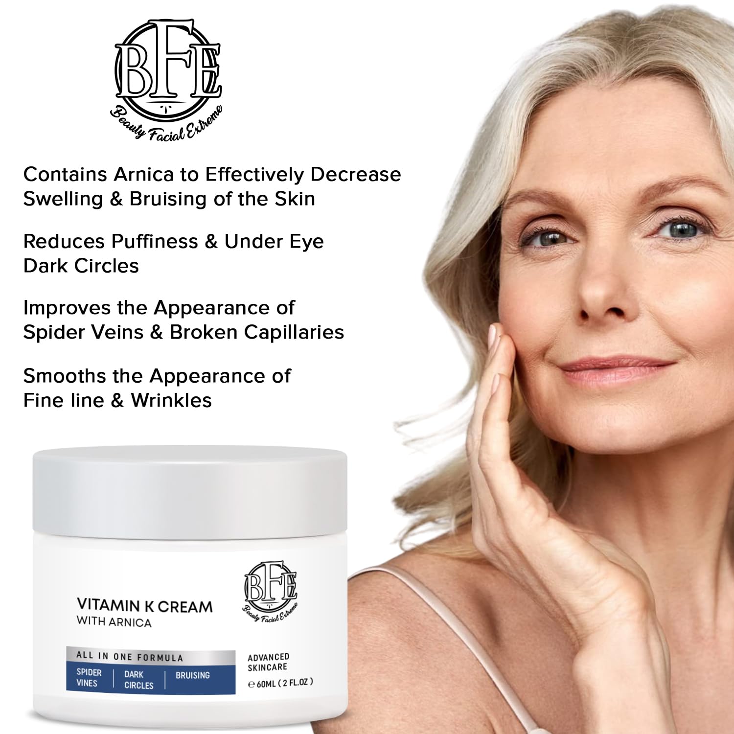 Beauty Facial Extreme Vitamin K Cream bruising fade visual suggests improved marks.