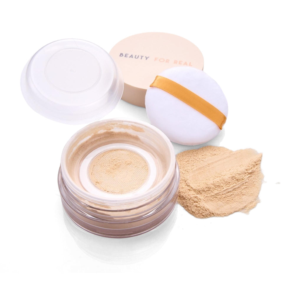 Beauty For Real Hydra-Set translucent powder jar with puff for weightless finish