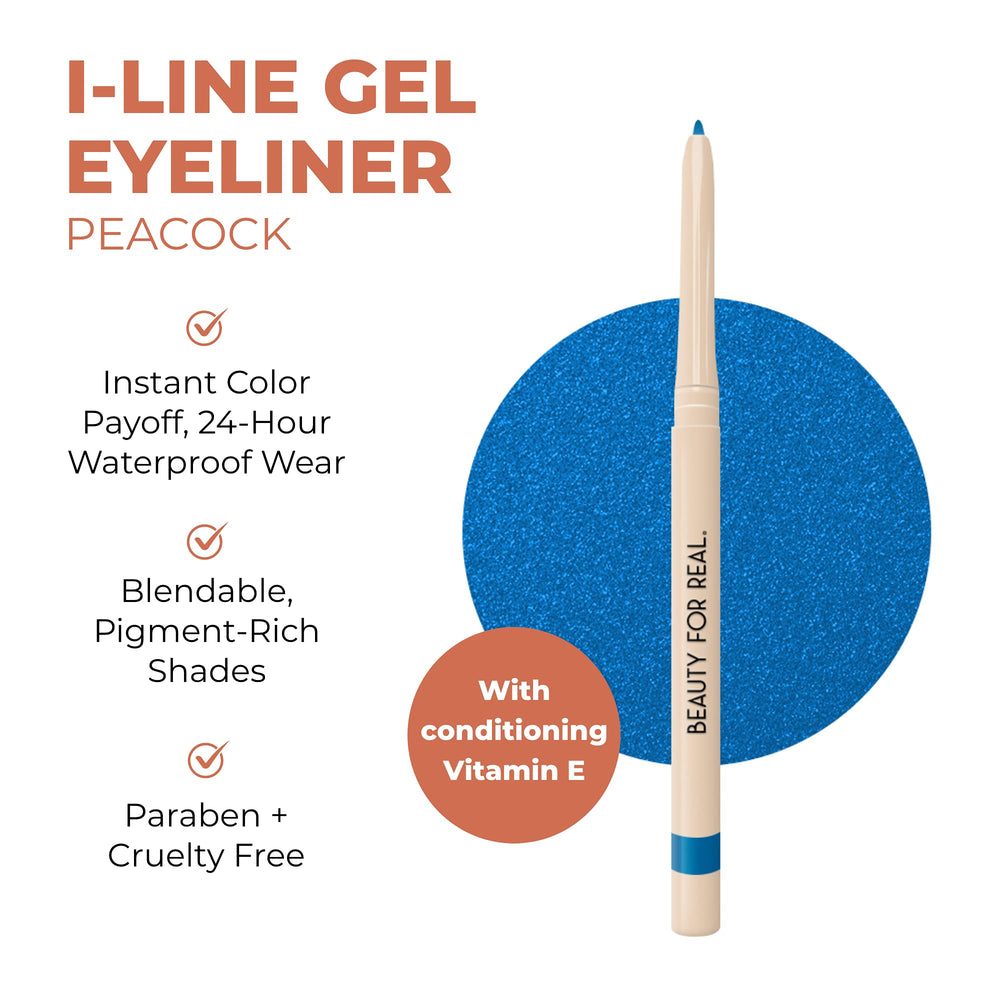 Beauty For Real I-Line 24-7 Eyeliner Peacock swatch for bold winged look.