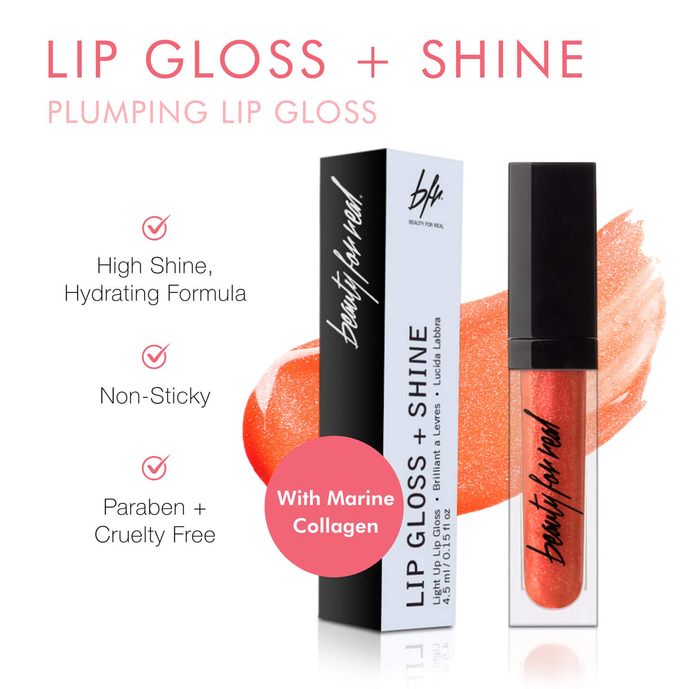 Beauty For Real Lip Gloss Shine Orange Rush wand with LED light for precise reapplication