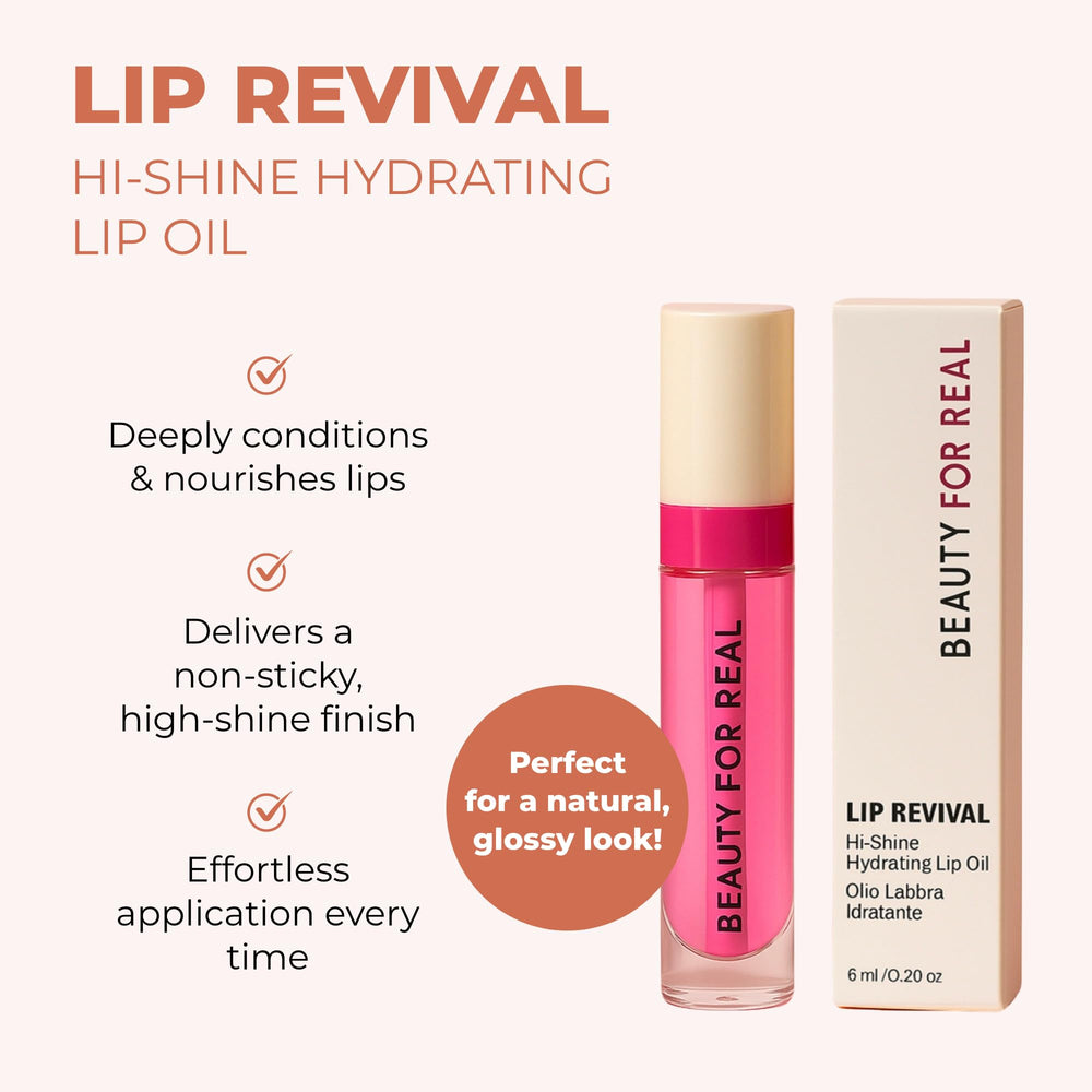 Packaging close-up of Beauty For Real Lip Revival Oil with sleek cap for precise application.