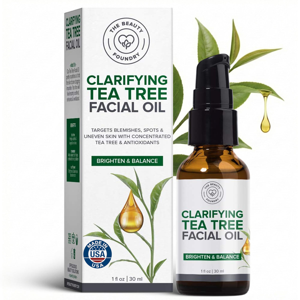 Beauty Foundry Clarifying Tea Tree Facial Oil bottle close-up highlights clear oil and balanced texture.