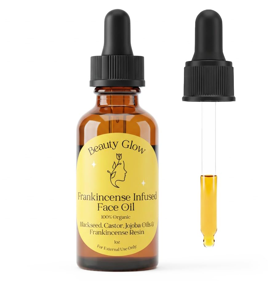 Beauty Glow frankincense resin infused face oil bottle offers deep hydration for radiant, balanced skin.