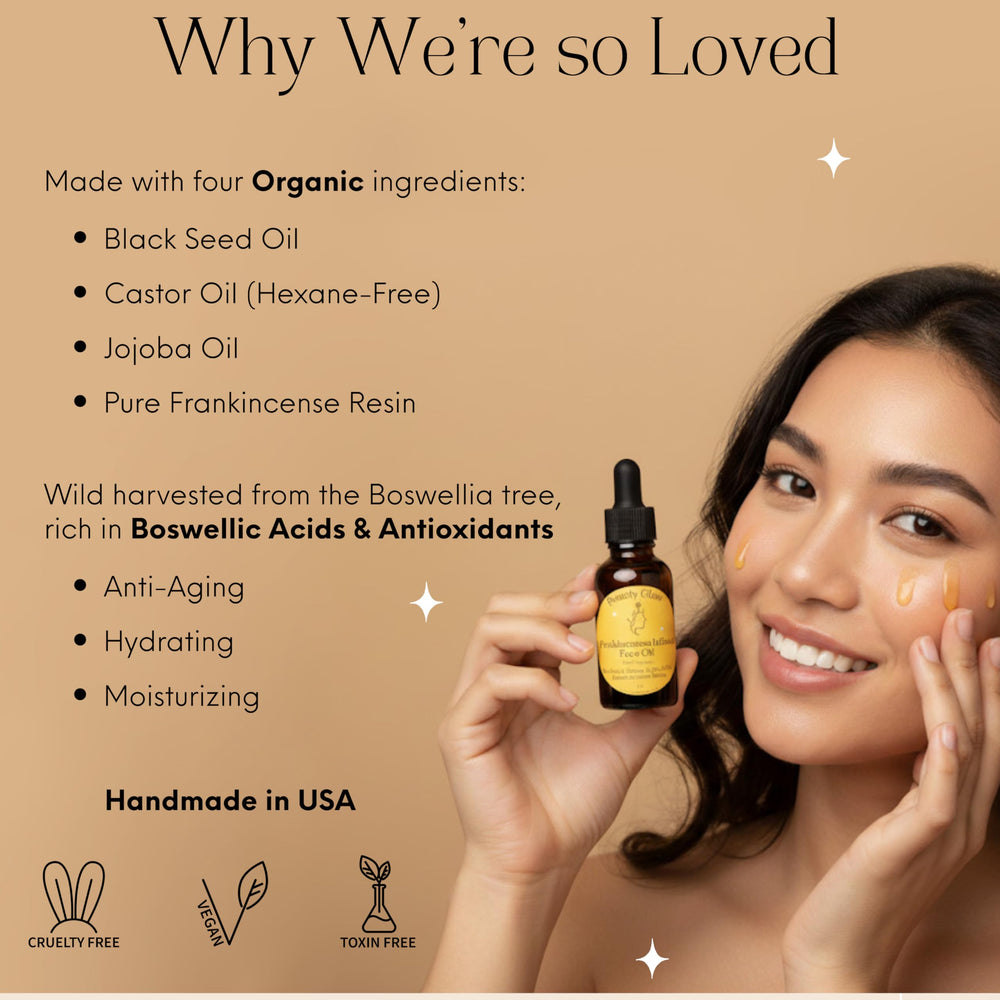 Beauty Glow oil close-up shows rich texture ideal for nightly hydration and gentle absorption.
