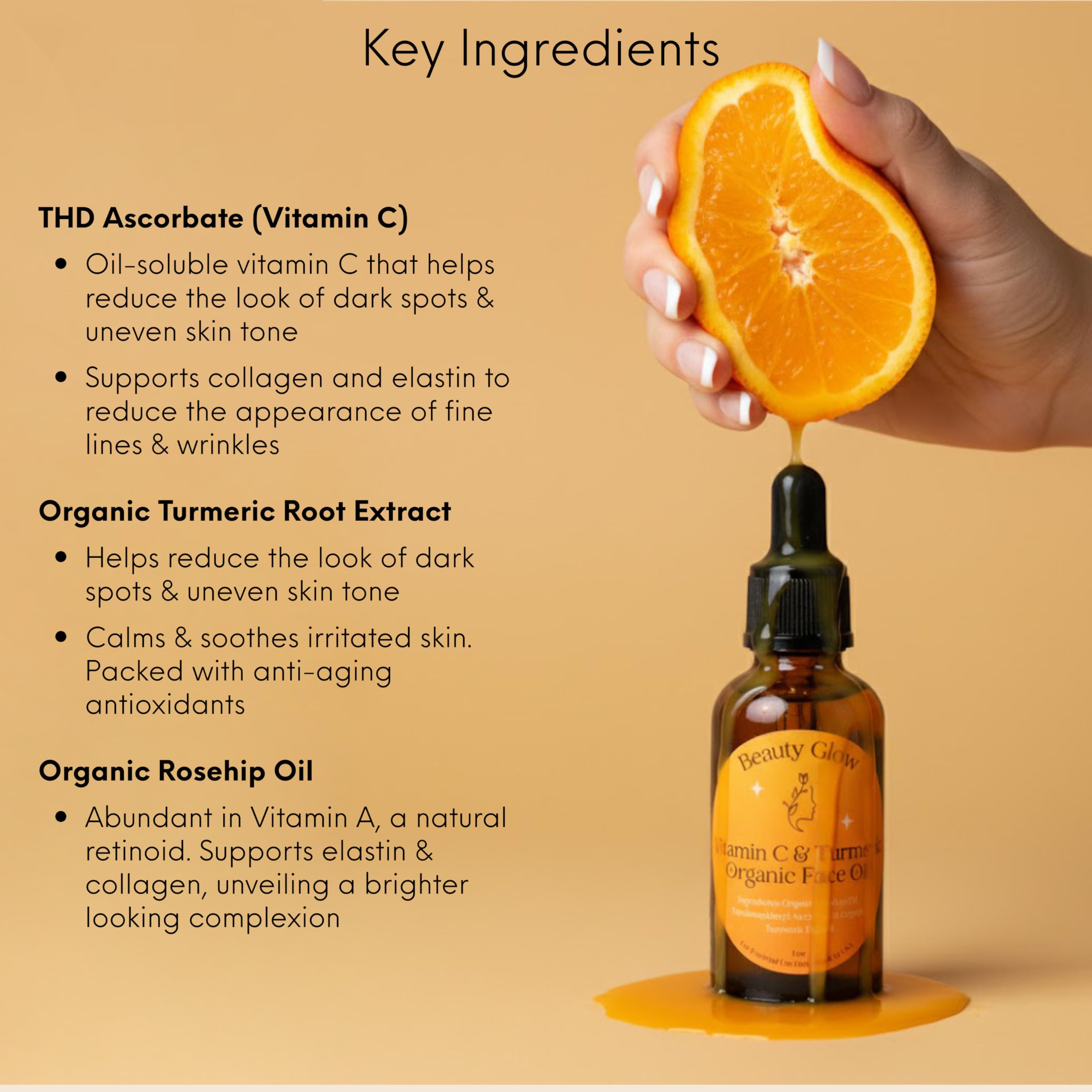 Beauty Glow organic rosehip oil bottle emphasizes hydration and glow
