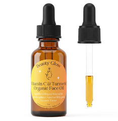 Beauty Glow turmeric vitamin C face oil bottle promoting radiant, even-looking skin